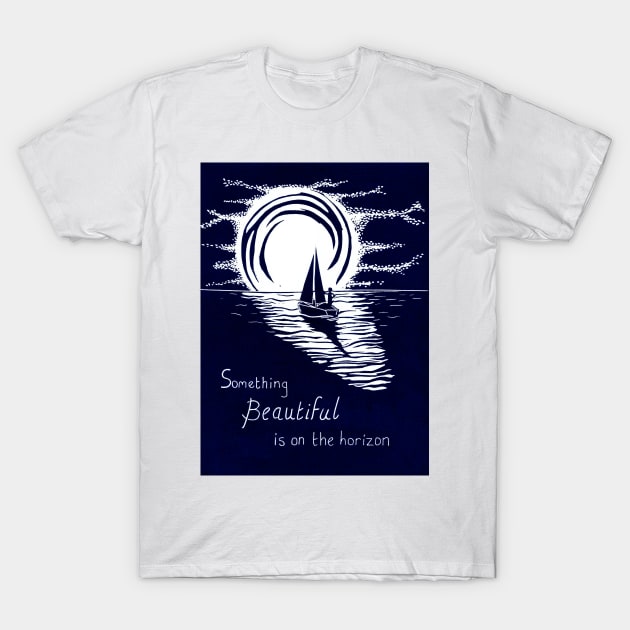 Something Beautiful is on The Horizon, Inspirational Linocut T-Shirt by Maddybennettart